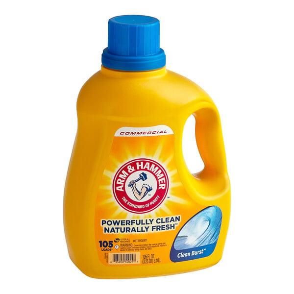 An Arm & Hammer yellow bottle of Clean Burst liquid laundry detergent.