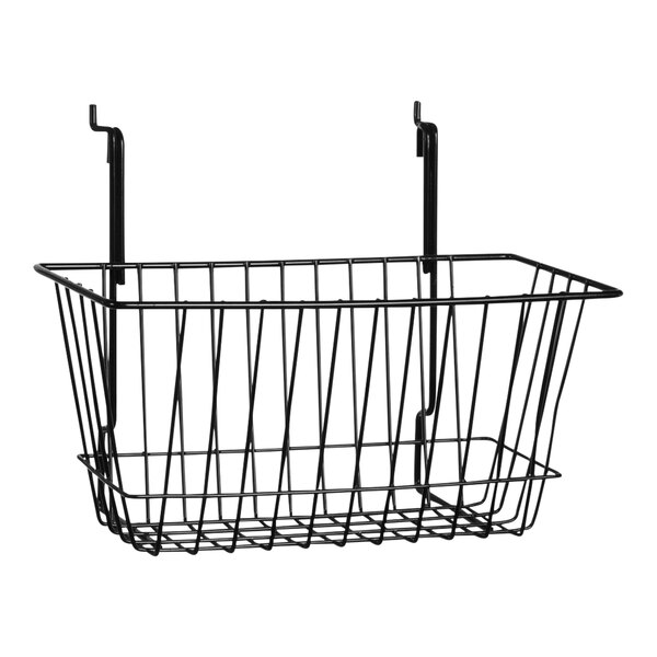 A 12" x 6" x 6" black steel wire basket with a handle.