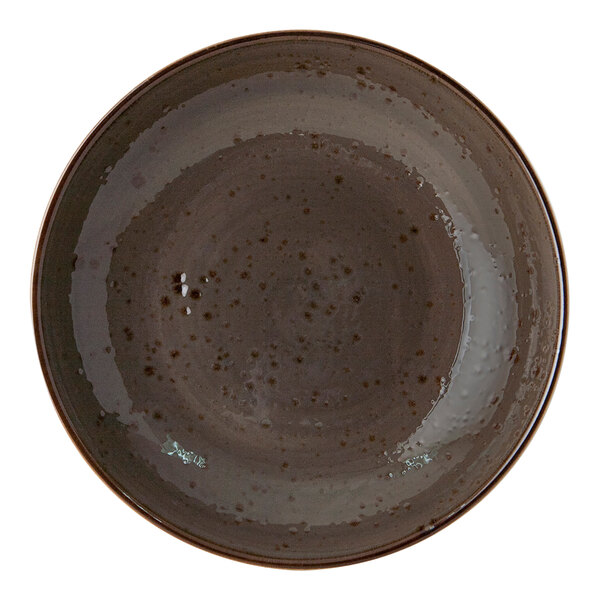 A brown Tuxton china bowl with a speckled surface.