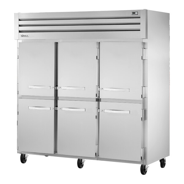 A large silver True STA3R-6HS reach-in refrigerator with wheels.