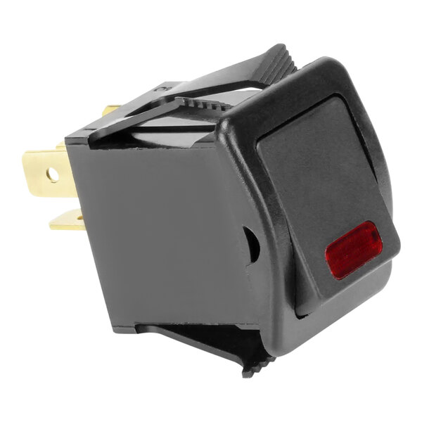 A black rocker switch with a red light.