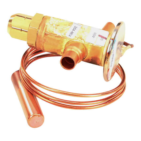 A copper Hatco thermal expansion valve with a metal tube.