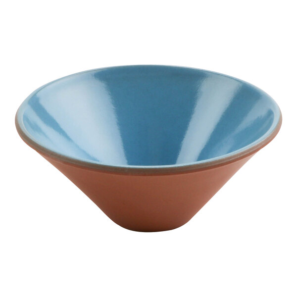 A close-up of a blue and brown Cheforward by GET Graupera Stone Heart bowl.