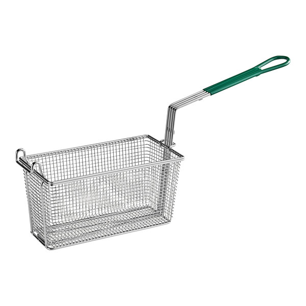 An Avantco fryer basket with a green handle.