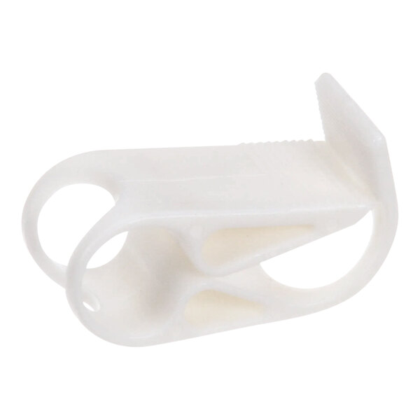 A white plastic Hatco drain tube clamp with holes.