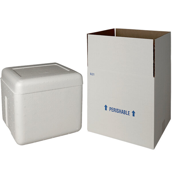 A white insulated shipping box with blue writing on it next to a white foam cooler.