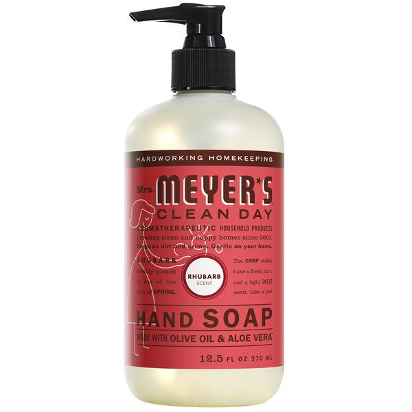 A Mrs. Meyer's Clean Day Rhubarb scented hand soap bottle with a pump.
