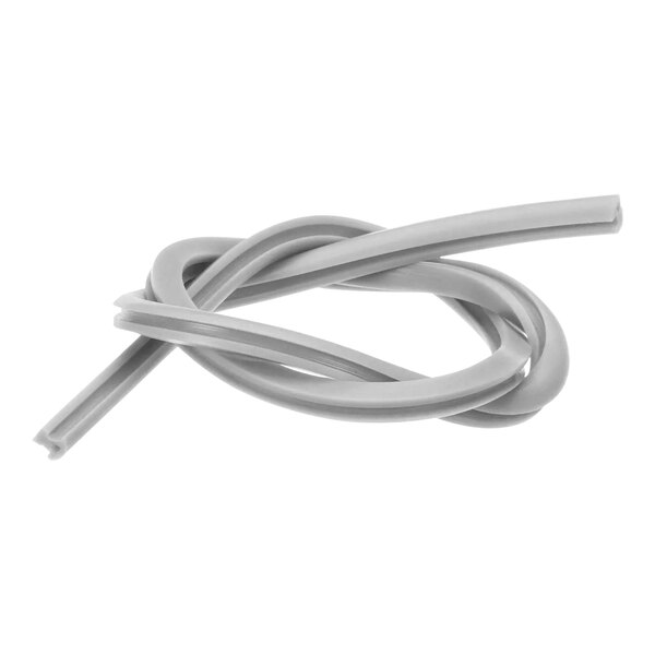 A grey rubber tube with a silver wire on a white background.