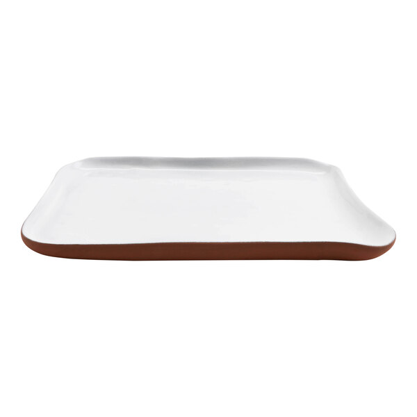 A white terracotta tray with brown trim.