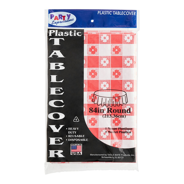 Table Mate 84" Red Gingham Round Plastic Table Cover 24/Case