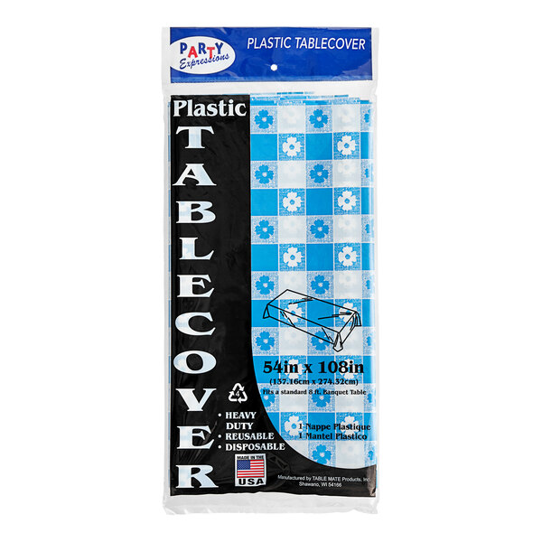 Table Mate 54" x 108" Blue Gingham Plastic Table Cover 24/Case