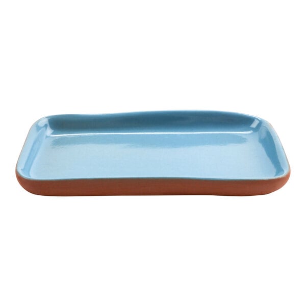 A blue terracotta tray with a brown edge.