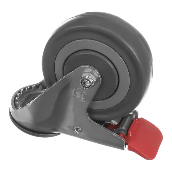 A black and red Moffat caster wheel with a red handle.