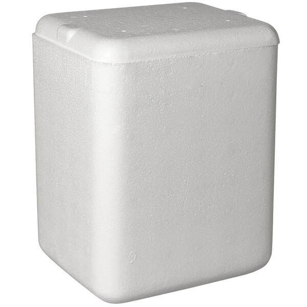 A white styrofoam container with a lid.