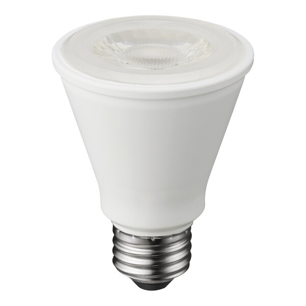 A TCP PAR20 LED light bulb with a white ring on top.