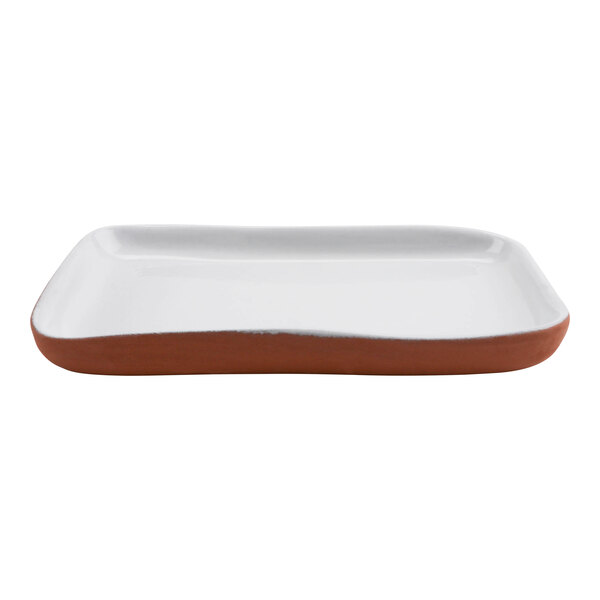 A white terracotta rectangular tray with a brown border.