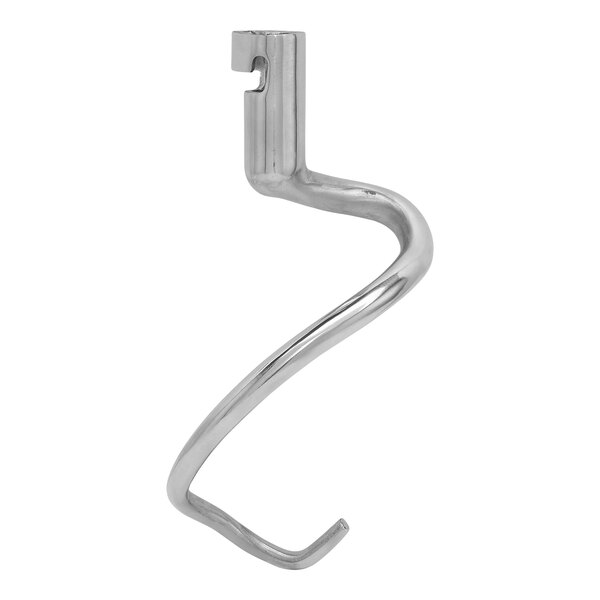 A stainless steel curved metal spiral dough hook with a handle.
