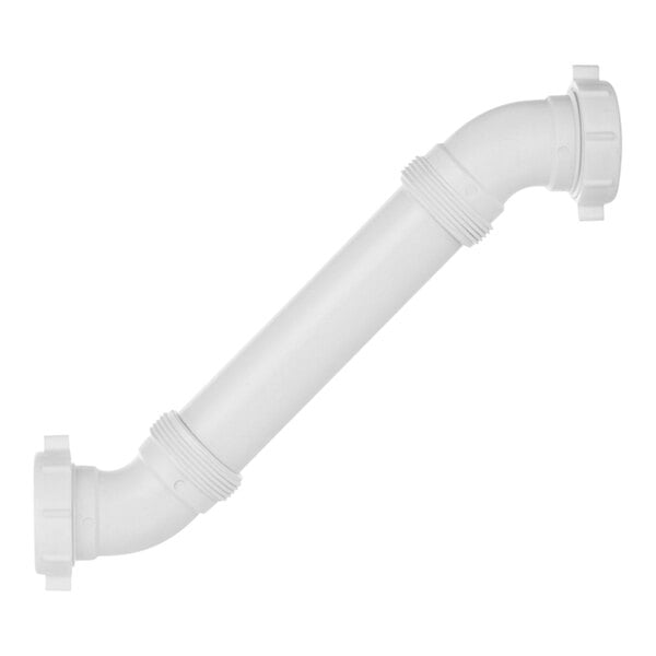 A close up of a white plastic Dearborn double slip joint trap offset.
