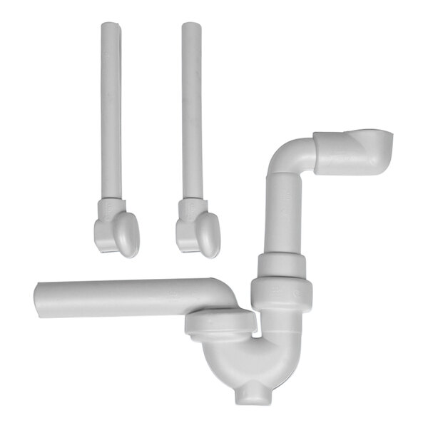 A white sink with a white plastic tubular P-trap cover kit over the pipes.