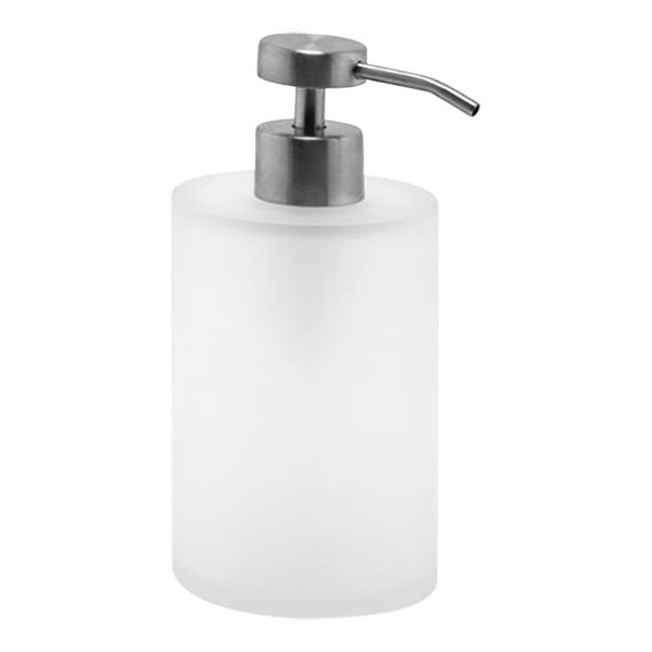 A white Room360 soap dispenser bottle with a low-profile brushed stainless pump top.