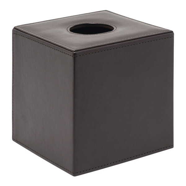 A brown faux leather square tissue box cover with a lid.