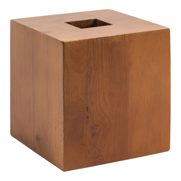 A Room360 rubberwood square tissue box cover with a lid.