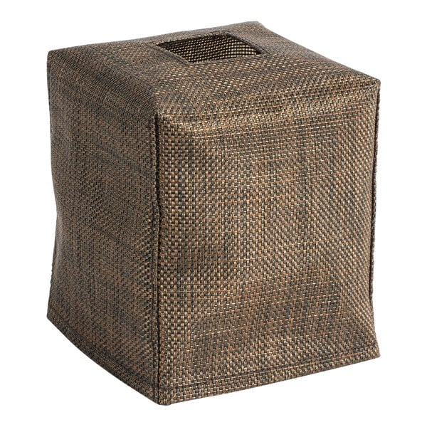 A brown and black woven Front of the House Metroweave copper tissue box cover.