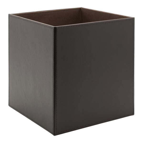 A brown faux leather cube wastebasket with a lid off.