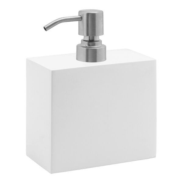 A white square Room360 soap dispenser with a silver metal pump.