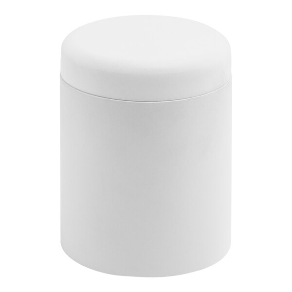 A white cylindrical Room360 storage jar with a white lid.