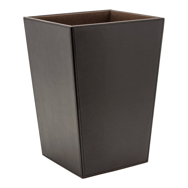 A black faux leather wastebasket with a brown surface.