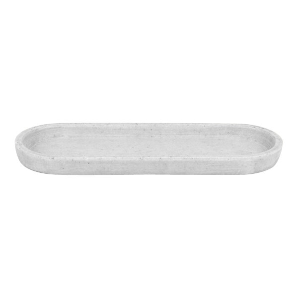 A white rectangular Room360 Miami amenity tray with a cement gray border.