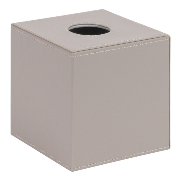 A white square faux leather tissue box cover with a hole in the top.