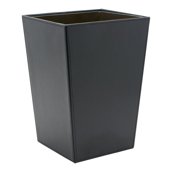 A black rectangular Room360 London faux leather wastebasket with a thin top.