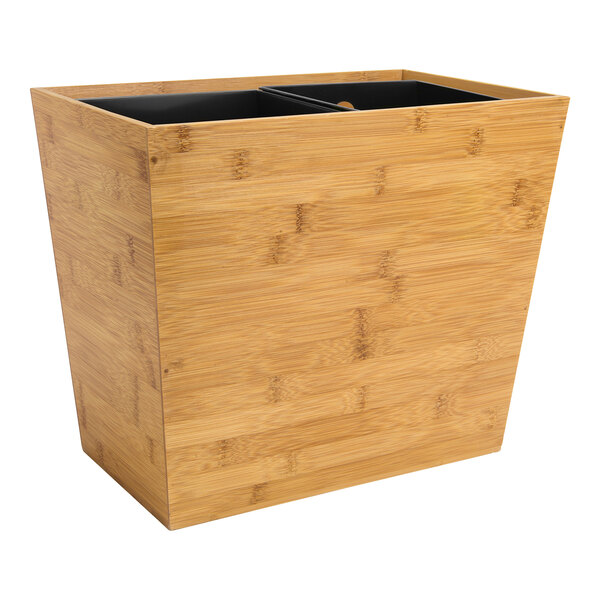 A Room360 bamboo recycling wastebasket with black lids on two compartments.