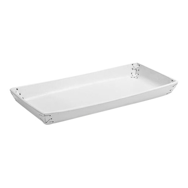 A white rectangular faux leather amenity tray with metal corners.