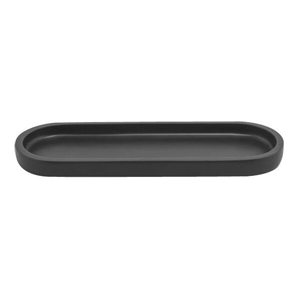 A black chocolate stone oval amenity tray with a handle.