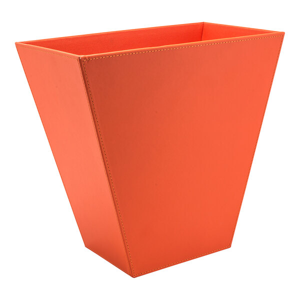 An orange faux leather rectangular wastebasket with stitching.
