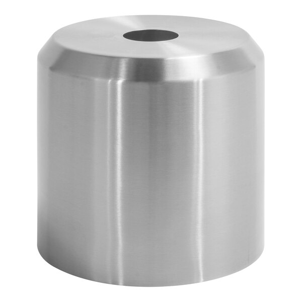 A silver stainless steel square tissue box cover with a hole in the top.