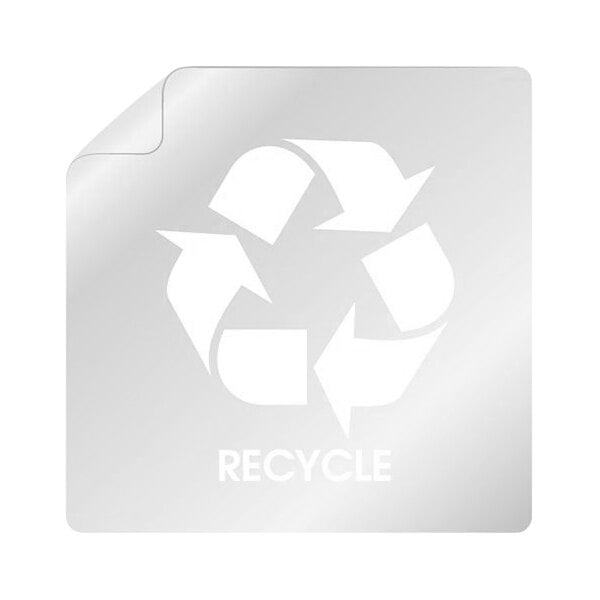 A white rectangular label with a white recycle symbol and white text.