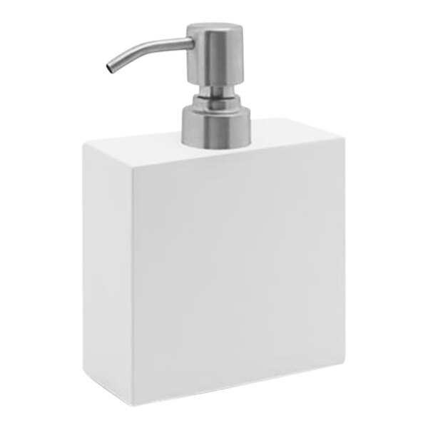 A white square Room360 New York soap dispenser with a brushed silver metal pump.
