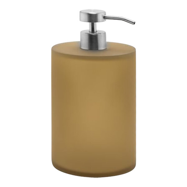 A Room360 nutmeg soap dispenser with a metal pump and glass top.
