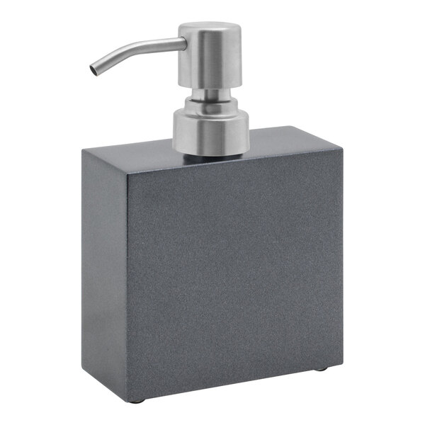A grey Room360 New York Onyx soap dispenser with a brushed stainless pump.