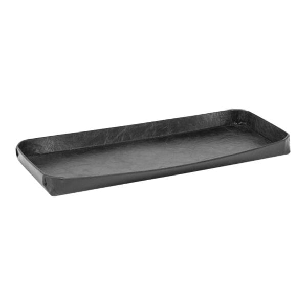 A black rectangular Room360 amenity tray with black handles.