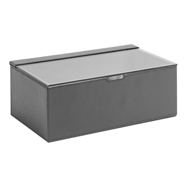 A grey faux leather box with a clear lid.
