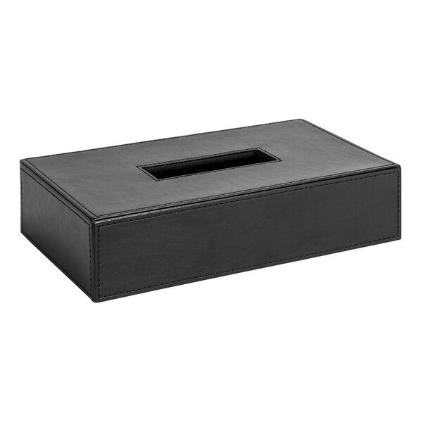 A Room360 black faux leather rectangular tissue box cover on a table.