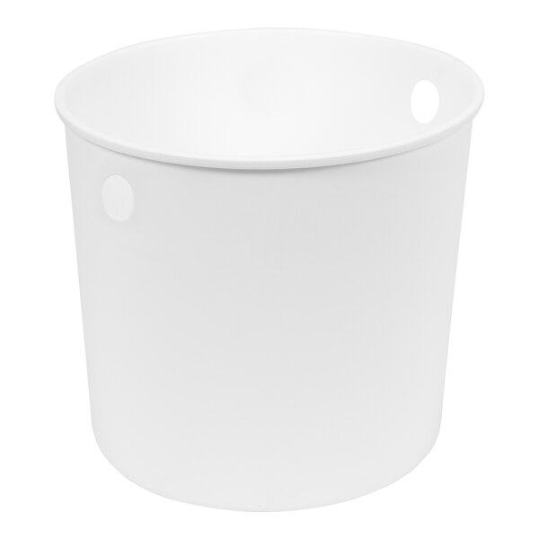 A white polypropylene cylinder wastebasket with holes on the side.