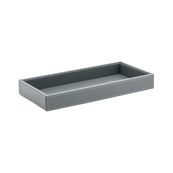 A gray rectangular Room360 London amenity tray with stitching on the sides.