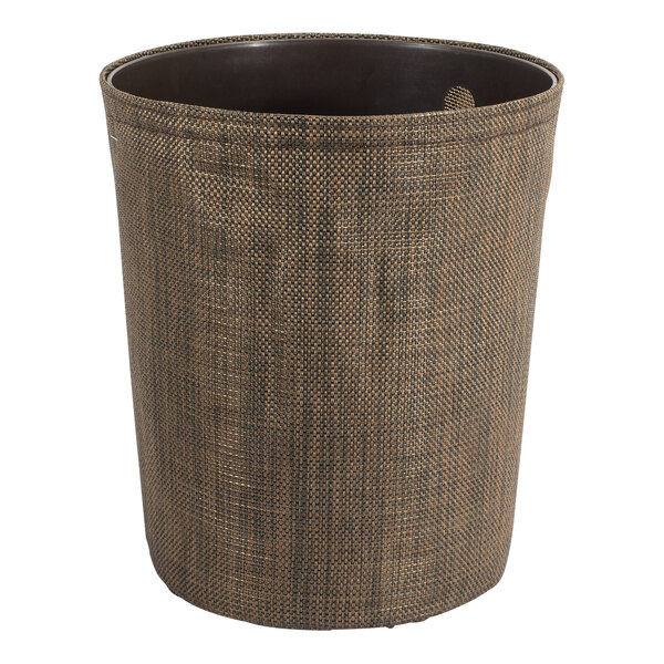 A brown vinyl mesh wastebasket with a black tapered cylinder lid.
