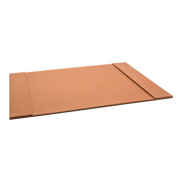 A brown rectangular Room360 London faux leather desk pad with pockets on a table.